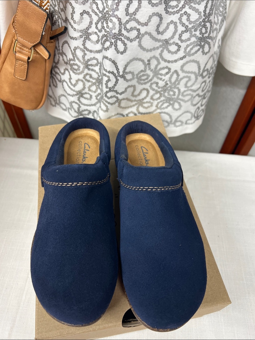 Clarks Navy Suede Slip-On Mules